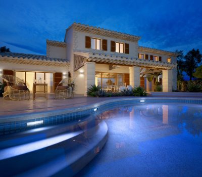 External view of a modern house with pool at dusk